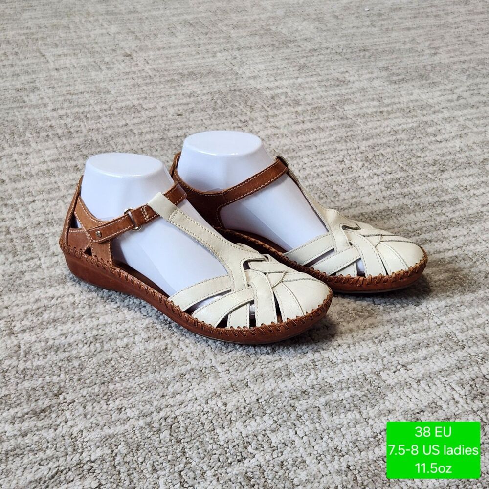 Pikolinos women's P. Vallarta T-strap sandals white brown size 38 IT or 7.5-8 US